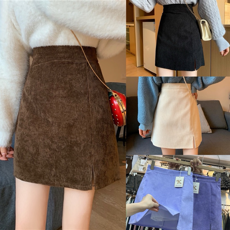 Lady_jeans #0070(ใส่ทำงาน ใส่เที่ยวได้ )(โค้ด LADYJMAY ลด 15%)พร้อมส่งจากไทย กระโปรงลูกฟูก ผ่าข้างทรงเอสุดฮิต กระโปรงเอว