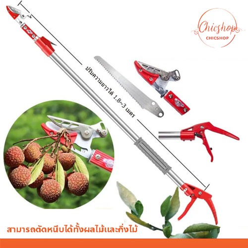 กรรไกรตัดกิ่งไม้สูง หนีบผลไม้ด้ามยาว สไลด์เก็บได้ (ตัด หนีบ เลื่อยได้) เก็บผลไม้