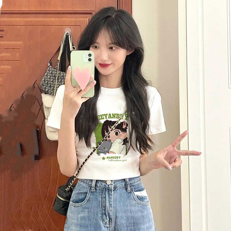 เสื้อท่อนบน🍒เสื้อยืดแขนสั้นสไตล์เรโทรอเมริกันสำหรับผู้หญิง ดีไซน์เฉพาะ สาวฮอตสาวร้อน เสื้อครอปรัดรูปสาวอวบ เอวลอยน่ารัก - รูปที่ 3