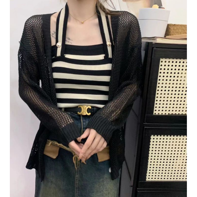 เสื้อ2ชิ้นสายเดี่ยว+เสื้อคลุมกระดุมหน้า ไหมพรมถัก พร้อมส่งจากไทย