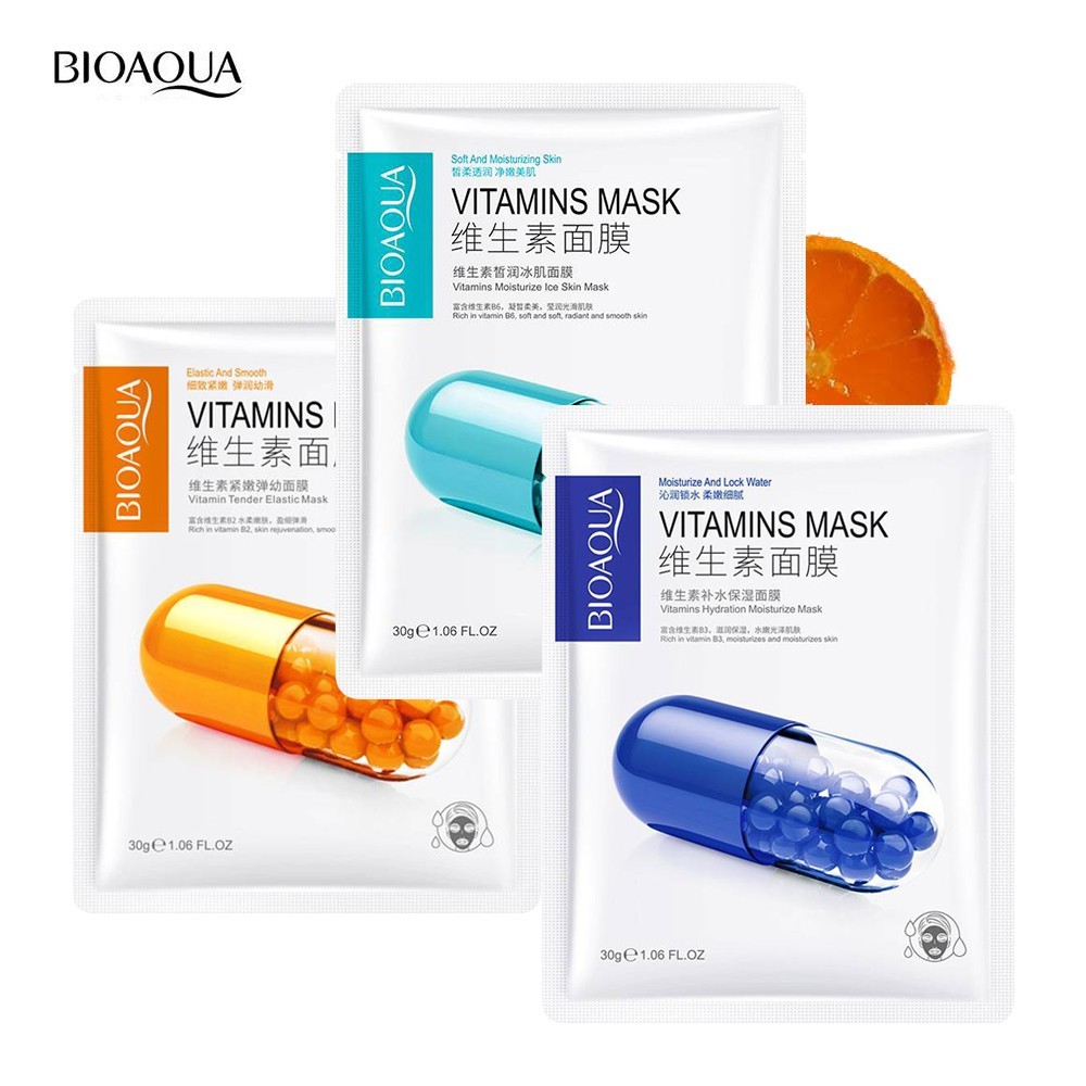 มาส์กหน้า Bioaqua Vitamin Mask แผ่นมาส์กหน้าสูตรวิตามินและยีสต์เปปไทด์ + สารสกัดจากผลไม้ บำรุงเข้มข้น 1 ชิ้น