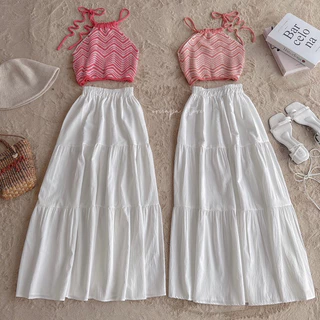 ชุดเซต 2 ชิ้น มินิมอลตรีมทะเล เสื้อถักสายเดี่ยว+กระโปรงยาว