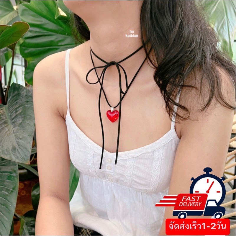 พร้อมส่ง สร้อยคอy2k แบบผูกโบว์ กำมะหยี่จี้หัวใจสีแดง Handmade100%