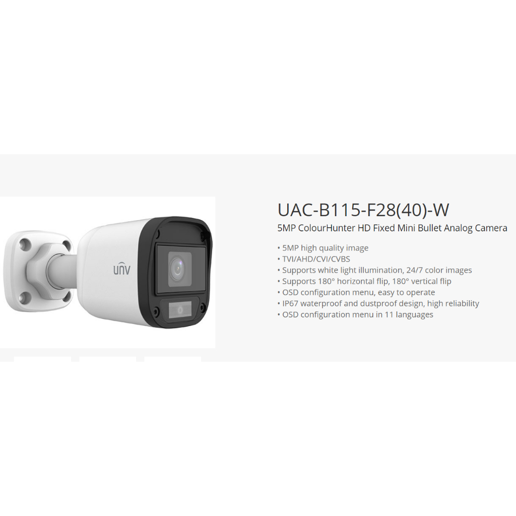 กล้องวงจรปิด UNV UAC-B115-F28-W (กล้องกระบอก Analog 5mp Full Color)