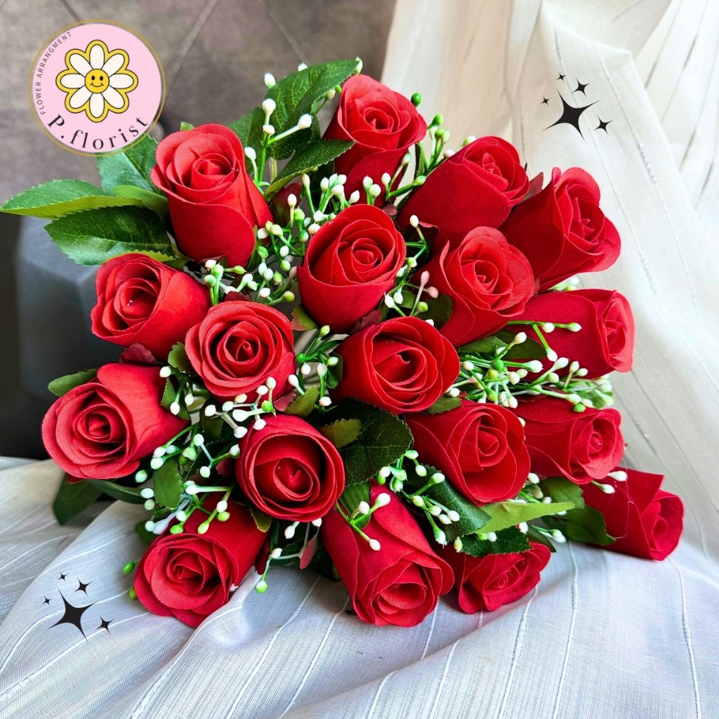 ช่อบูเก้กุหลาบกำมะยี่สีแดงx18 ( PF-F1004) ดอกกุหลาบ ดอกไม้ประดิษฐ์ ดอกไม้ปลอม ช่อดอกไม้ ตกแต่งบ้าน พร็อพถ่ายรูป DIY