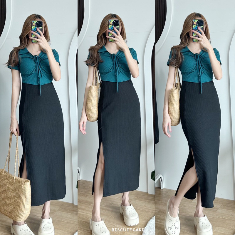 VIOLET DRESS ชุดเดรสแขนสั้นคอปกตัวยาวทูโทน มีเชือกรูดกลางอก ผ้าท็อปทวิล ราคา ถูกที่สุด ดีลบีเคเค แกลเลอรีภาพที่ 4