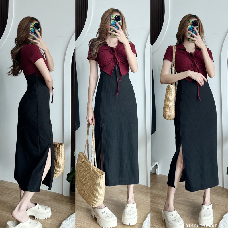 VIOLET DRESS ชุดเดรสแขนสั้นคอปกตัวยาวทูโทน มีเชือกรูดกลางอก ผ้าท็อปทวิล ราคา ถูกที่สุด ดีลบีเคเค แกลเลอรีภาพที่ 3