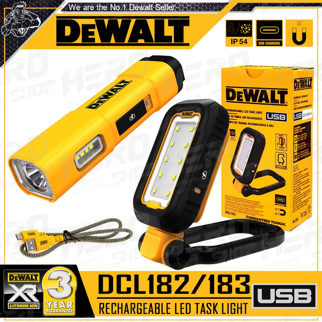 DEWALT ไฟฉาย LED แบบพกพา 1,000 ลูเมน (USB-C แบตเตอรี่ในตัว) รุ่น DCL182 / DCL183