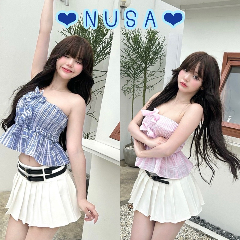 Diiz’s NUSA เสื้อเกาะอก เกาะอก สม็อกรอบอก แต่งโบว์ 3 ชิ้น ลายสก็อต