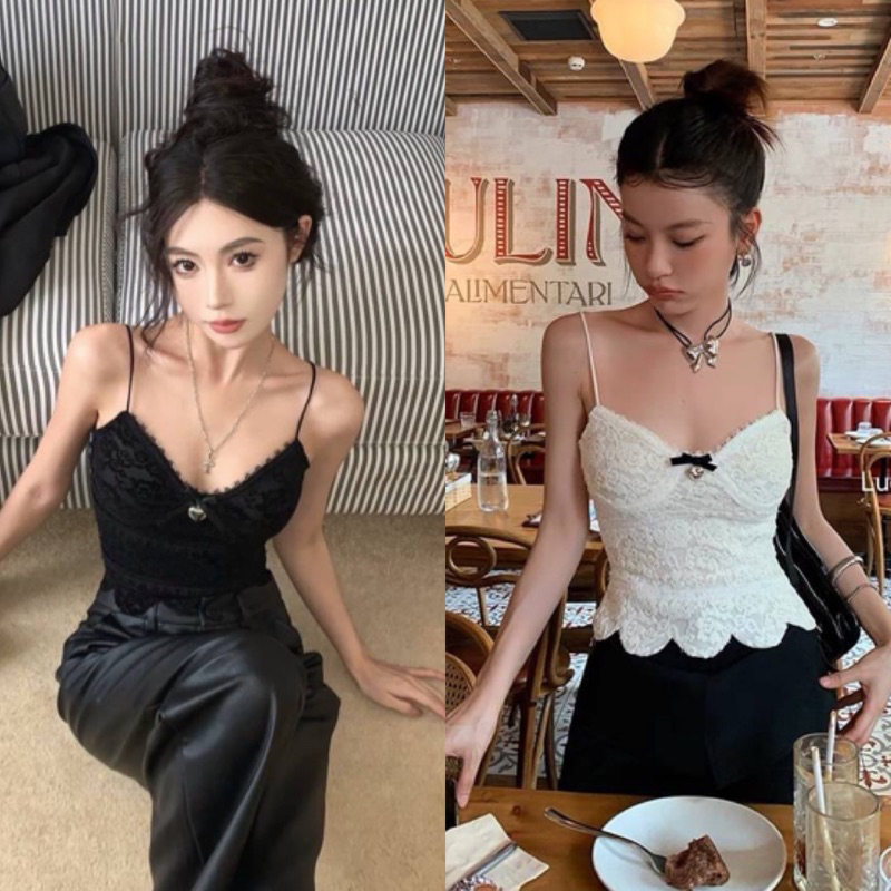 LookMaii Top เสื้อสายเดี่ยวลูกไม้ แต่งดีเทลโบว์ห้อยหัวใจ🔥พร้อมส่ง