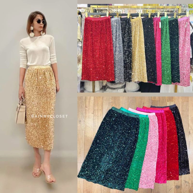 Wink Skirt กระโปรงวิ้งค์ตัวยาวเอวยางยืด ปักเลื่อมทั้งตัว กระโปรงกลิตเตอร์ใส่เที่ยว ปาร์ตี้ปังสุดๆ