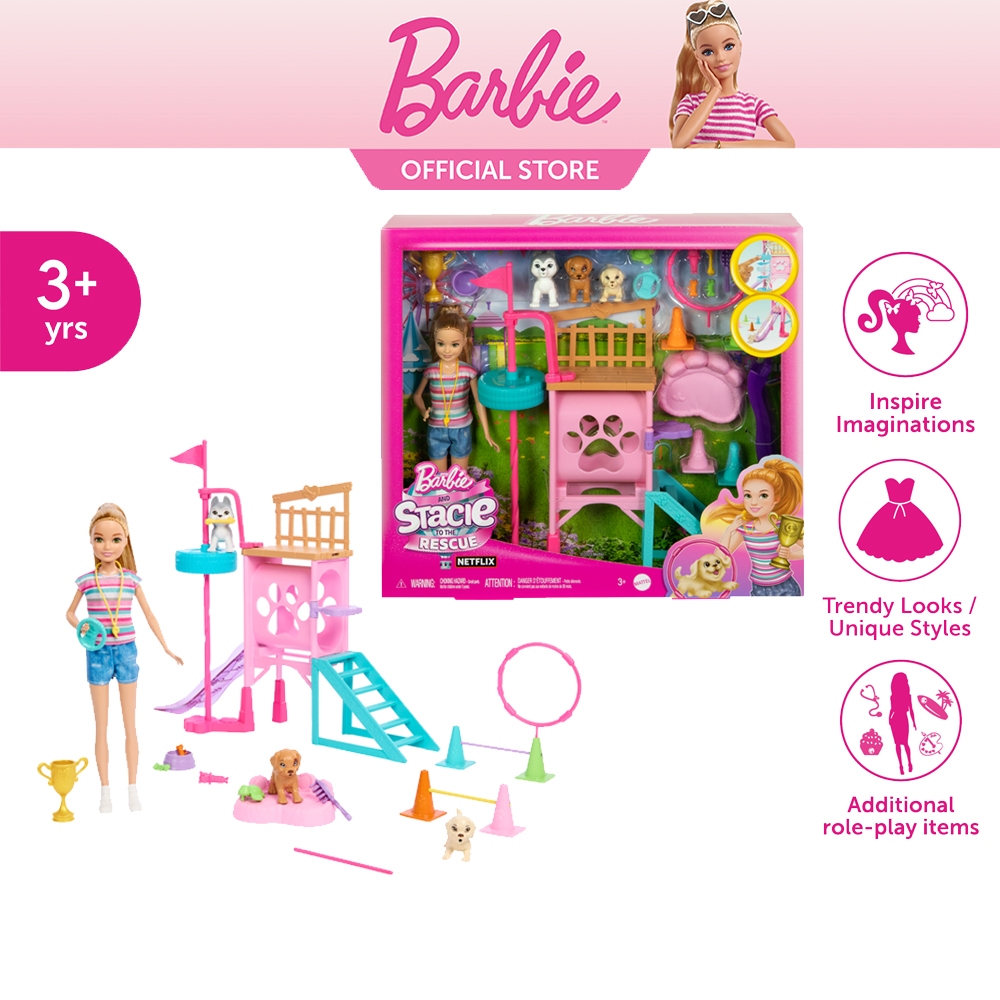 Barbie & Stacie to the Rescue Puppies Playset บาร์บี้ ซีรี่ส์บาร์บี้และสเตซี่ เพลย์เซตสเตซี่และสนามฝึกสุนัข HRM10 CH