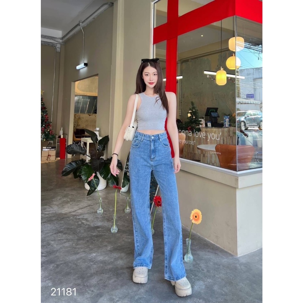 Jsara jeans 21181 กางเกงยีนส์ขายาว ทรงบอยกระบอกตรง เอวสูง