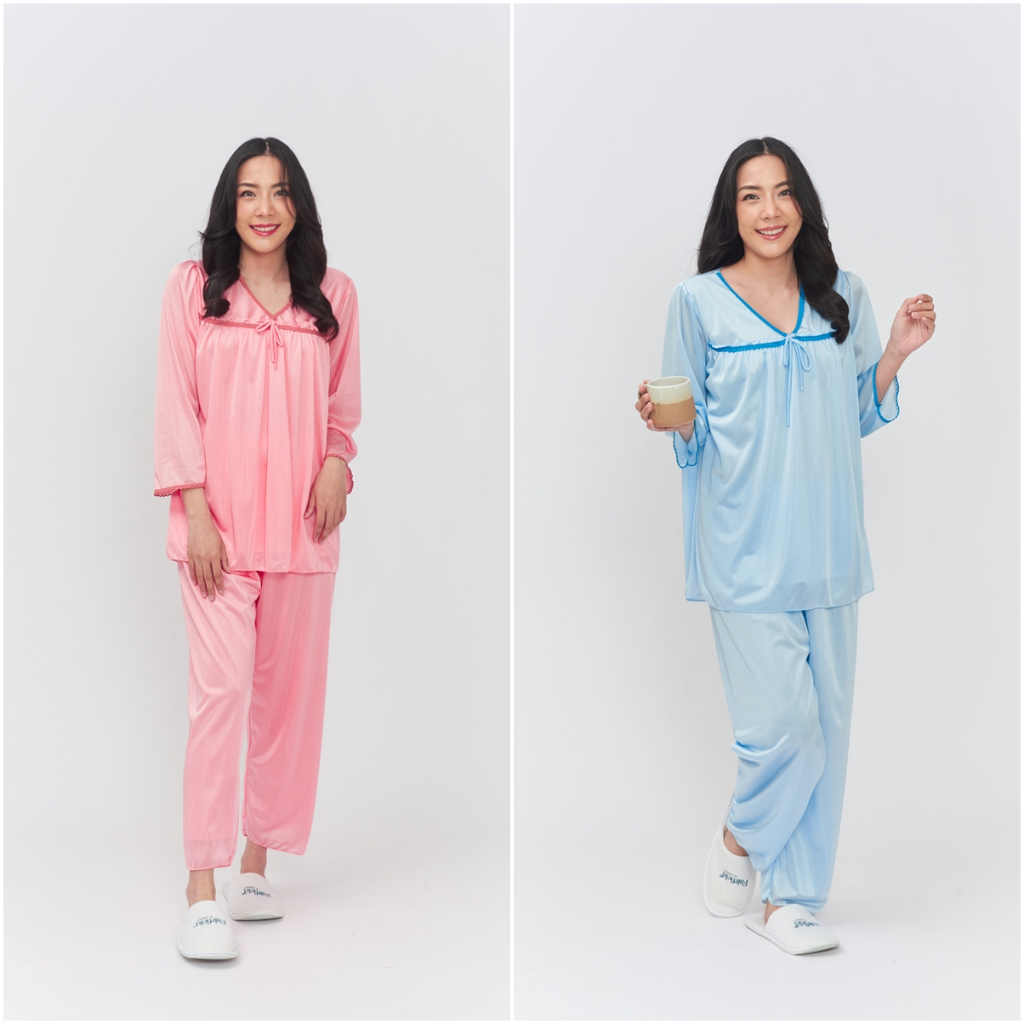 ชุดนอนขายาวผ้าลื่นแขนยาวอก 44-45 นิ้ว (มีซับใน) ชุดกางเกงขายาว