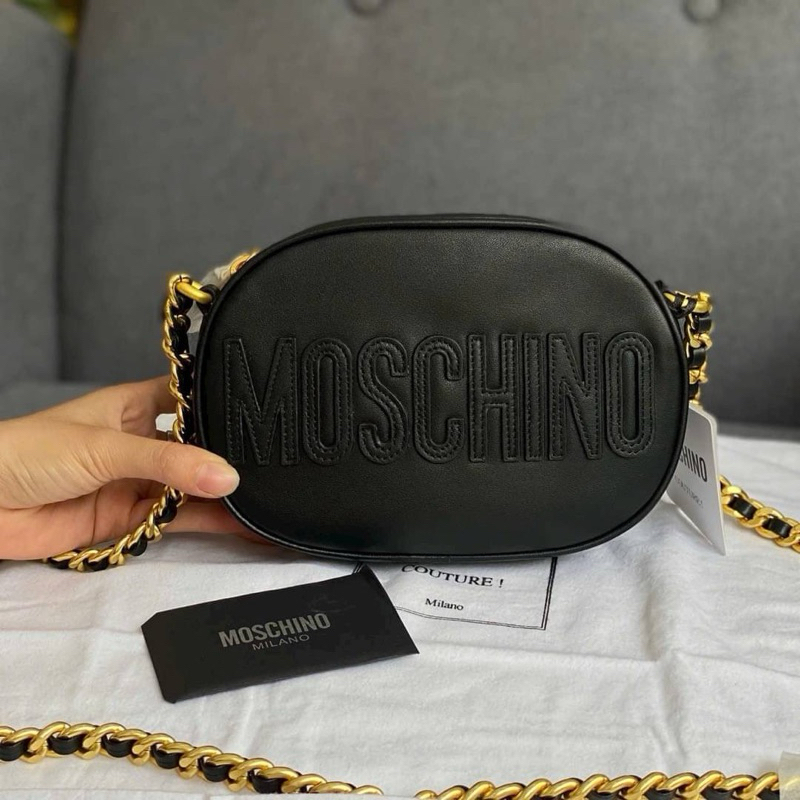 Moschino Black Leather Logo Oval Crossbody Bag