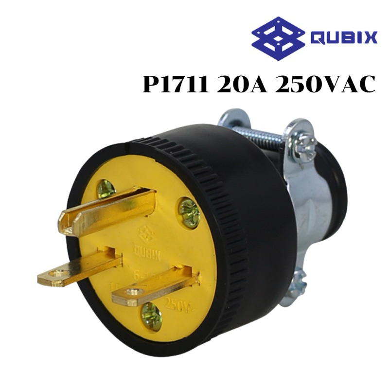 QUBIX" P1711 ปลั๊กยางตัวผู้มีแคล้มรัด 2P 3W 20A 250VAC