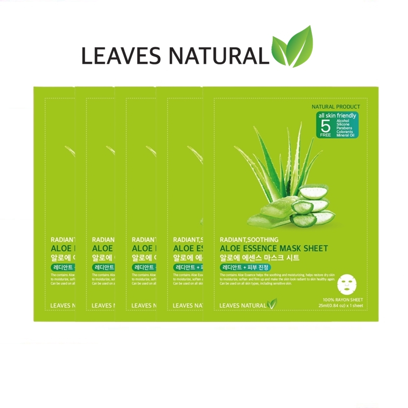 [แพค5แผ่น] LEAVES NATURAL Aloe Essence Mask Sheet มาส์กหน้า อโลเวร่า ฟื้นฟูผิวแห้งกร้าน ผิวไหม้แดด