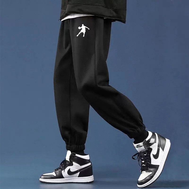 กางเกงวอร์มขายาวผู้ชายกางเกงลำลองทรงหลวมแบบหนาแบรนด์อินเทรนด์บาสเก็ตบอลสีเทาดำกางเก