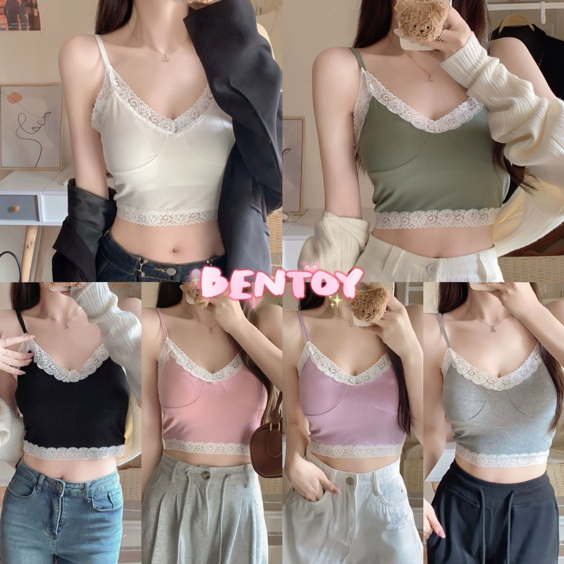 bentoy(Bratop695)เสื้อสายเดี่ยวไหมพรม ครอท็อป ผ้านิ่ม ดีเทลขอบลูกไม้ ใส่เดี่ยวก็สวย แมทช์กับเสื้อคลุมก็ได้