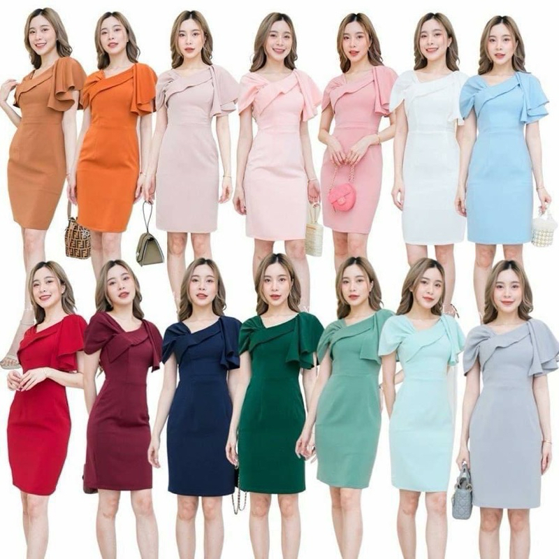 ชุดเดรส ชุดออกงาน ชุดราตรี F226 เดรสสั้น ไหล่เบี่ยงระบาย