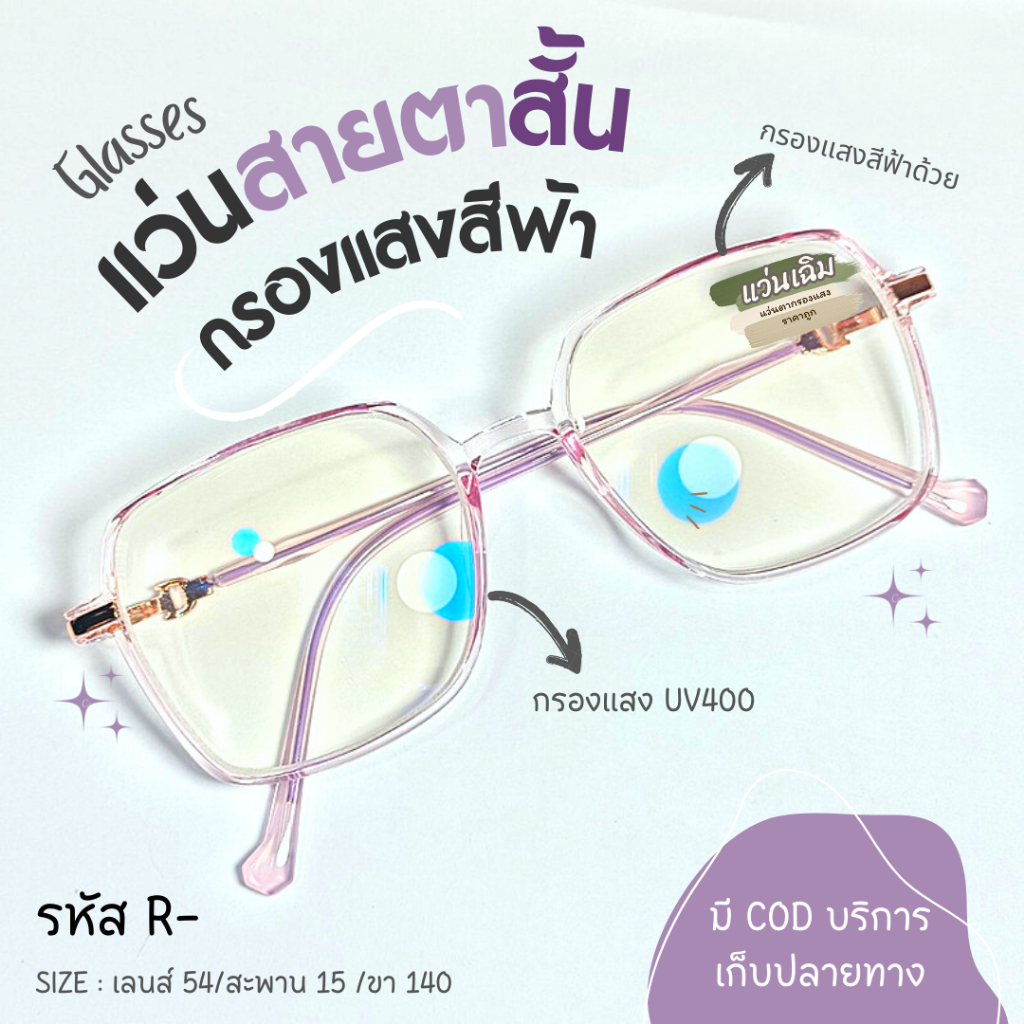 (รหัส R-) แว่นสายตาสั้น+กรองแสงสีฟ้า ทรงเหลี่ยมใหญ่กรอบใส