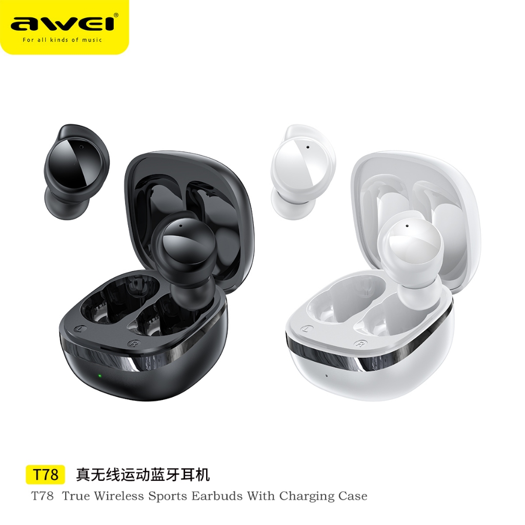 AWEI T78 หูฟังไร้สายบลูทูธที่แท้จริง สวมใส่สบาย กั้นน้ำ ฟังเพลง เล่นเกม เสียงชัดเจน HIFI 5.3 ความทนทานสูง การโทรHD