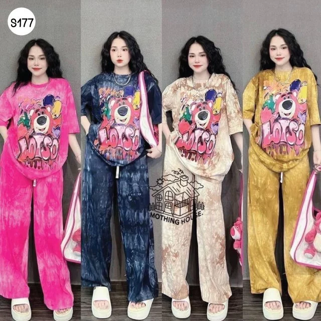 S177 ชุดเซ็ท2ชิ้น พิมพ์ลาย น้องหมีToy กางเกงขายาวมีกระเป๋าข้าง มีเชือกผูกให้