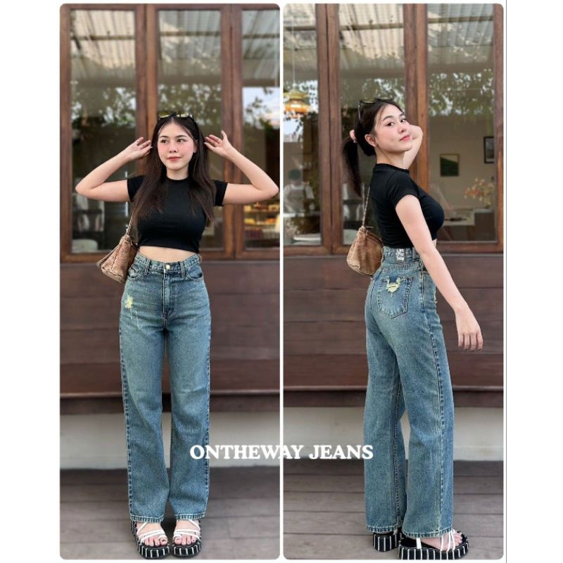 กางเกงยีนส์ขากระบอกมือ1 สีสนิม สีสโนว์มิด รุ่นใหม่ สวยๆ เอวสูง เก็บพุง