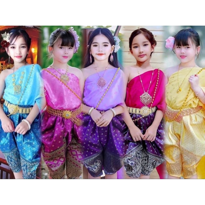 ชุดไทยเด็ก "ออเจ้า" "แม่พุดตาน" ผ้าสไบ 1ชั้น + โจงกระเบน ลายผ้าไทยสวยงาม