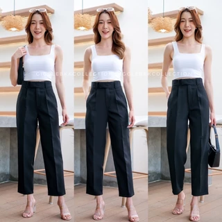 กางเกงขายาวเอวสูง ทรงบอย9ส่วน ยาว39”ซิปหน้า ขอบยื่น ผ้าลิลลี่