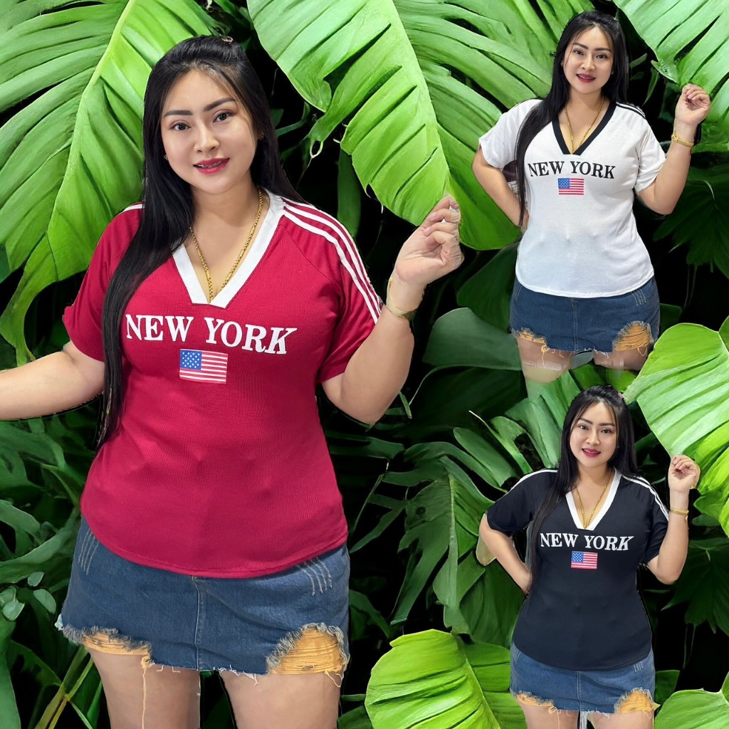 เสื้อบอลต๋องแฟชั่นสาวอวบ อก38-44 ยาว23 ผ้าร่องสกรีนลาย คอวี สวยมาก **รุ่น เสื้อบอลผ้าร่อง บาวเทอร์ตัวยาว