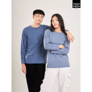 YuenPuen เสื้อยืดแขนยาว สีฟ้าคราม ยืนพื้น ไม่ยืด ไม่ย้วย ไม่ต้องรีด สีพื้น เนื้อผ้านุ่มใส่สบาย