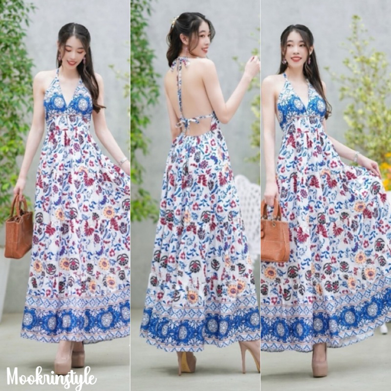 Mookrinstyle เดรสไปทะเล โทนสีขาวฟ้า สวยละมุน สายผูกคอโชว์หลัง เซ็กซี่