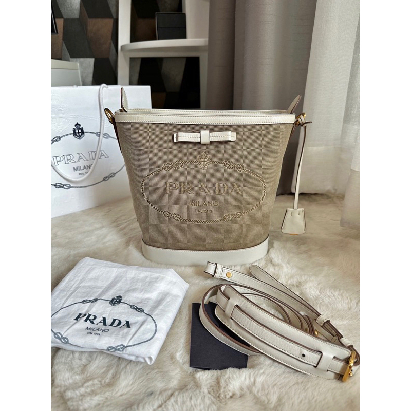 Prada Logo Jacquard bucket Bag Beige Ivory (Size เล็ก 8”)