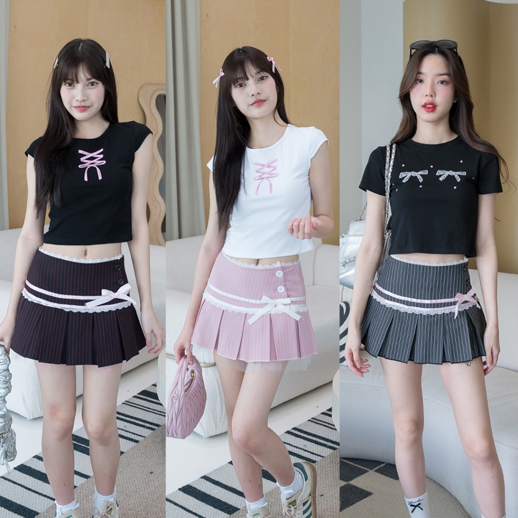 JARINYA 💛กระโปรงแต่งจีบ ดีเทลน่ารักมาก มีทั้งโบว์+แต่งระบายขอบกระโปรง ทรงใส่สวย เอวสูง มีซับใน เนื้อ