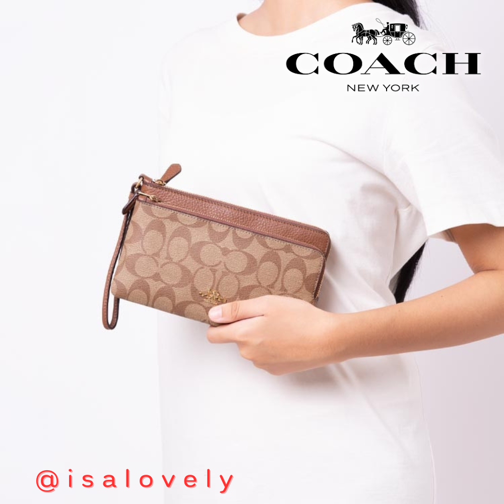 📌Isa Lovely Shop📌  COACH C5576 DOUBLE ZIP WALLET IN SIGNATURE CANVAS COLOR: saddle2