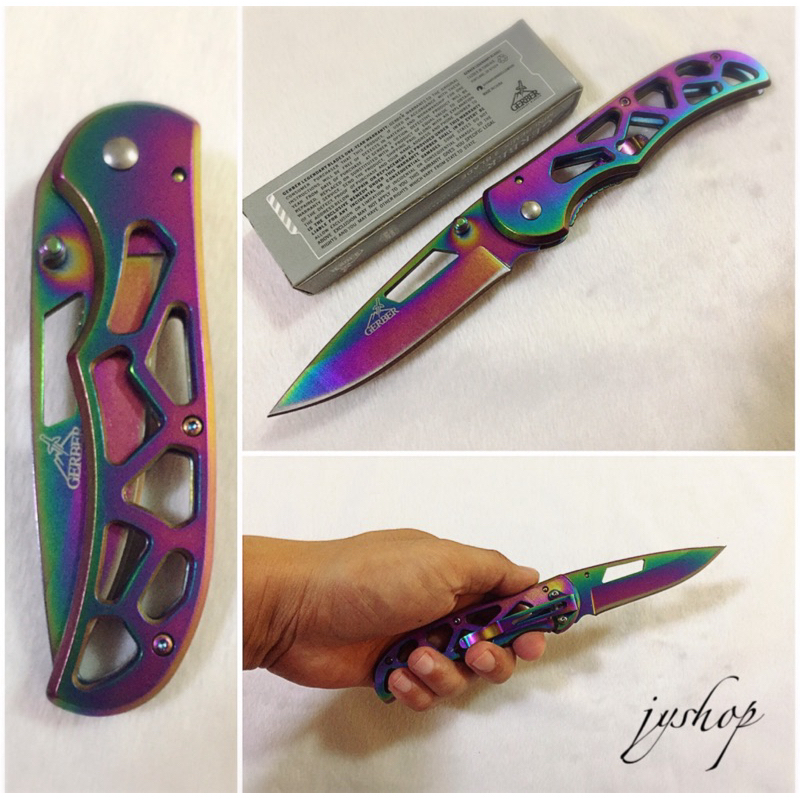 🇨🇳 GERBER Folding Hunting Knife Rainbow Blade & Handle
