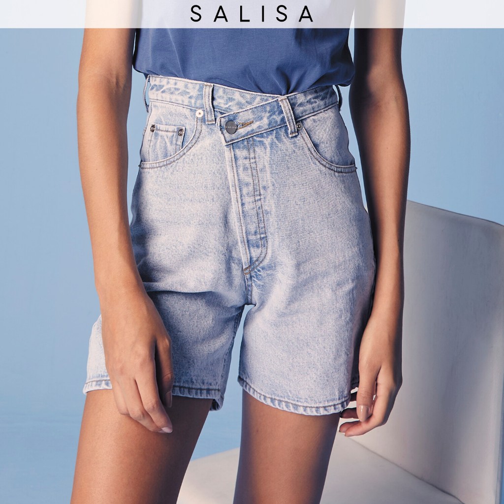 SALISA - DENIM SHORTS overlap high waist กางเกงยีนส์ขาสั้น