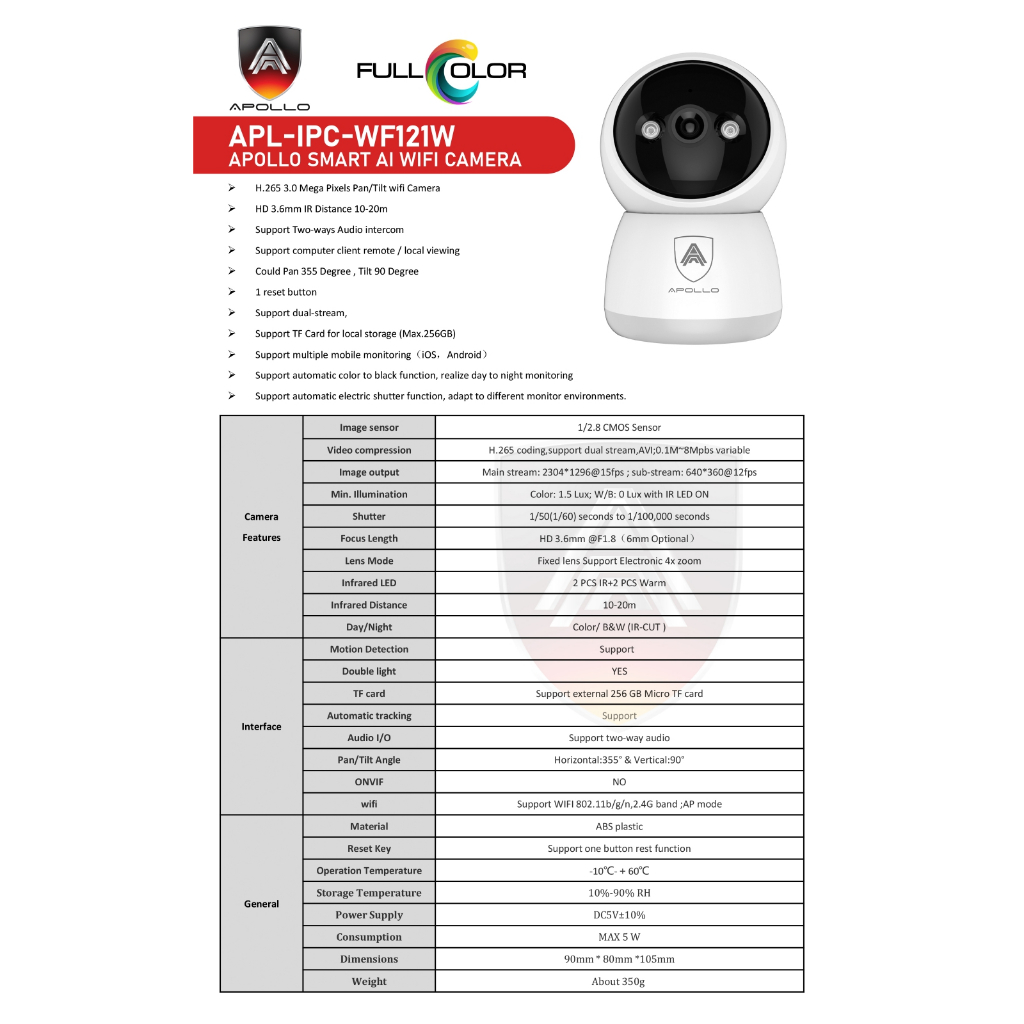 APOLLO APL-IPC-WF121W กล้อง Wi-Fi หมุนได้ 360องศา 2MP Full Color ภาพสีกลางคืน กล้องวงจรปิด CCTV