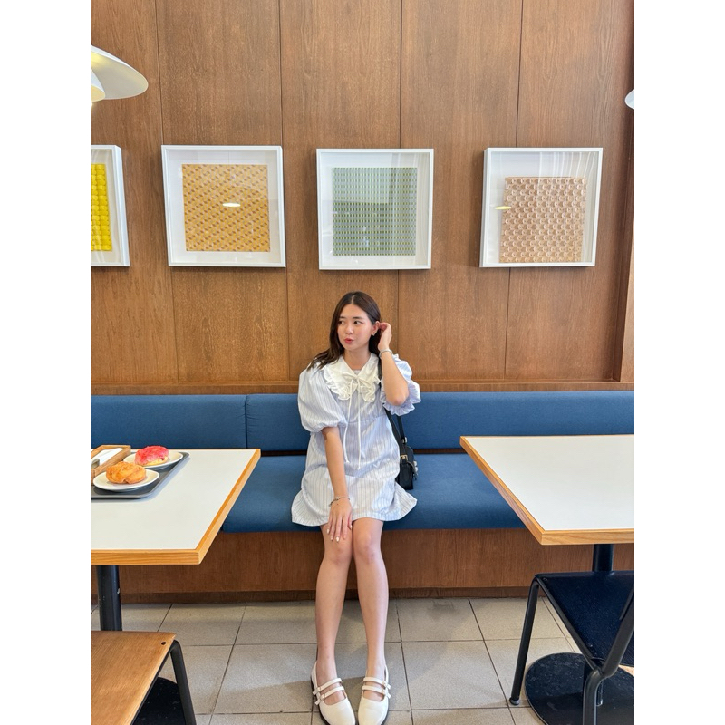 dress010- ✨labella dress 🎧👗 เดรสแขนบอลลูนจั้มอก+ปกคอบัว(แยกชิ้น)