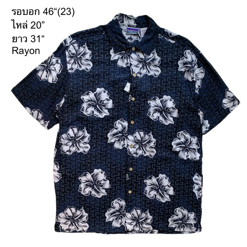 🌼มือ2🌼เสื้อฮาวาย ลายดอกชบาขาว พื้นสีน้ำเงิน-ดำ Size 46”