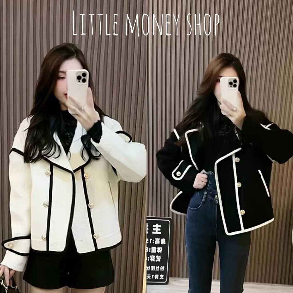 Little money shop 50246 เสื้อทวิตแขนยาว คอปก กระดุมทองด้านหน้า แต่งปลายแขน เป็นงานซับในทั้งตัว ไฮโชม