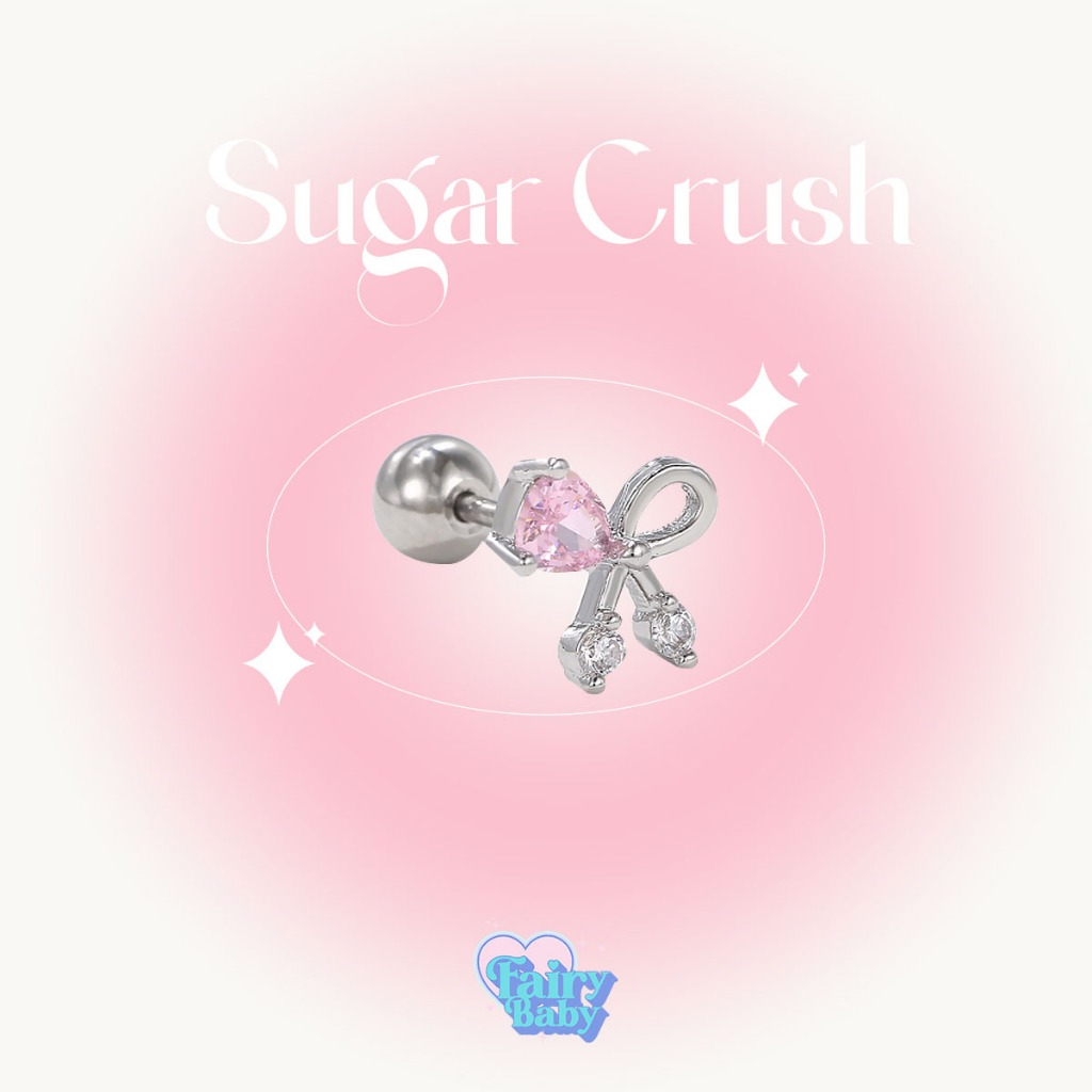 Fairybaby จิว Sugar Crush (1ชิ้น) โบว์ เชอรี่ จิวต่างหู น่ารัก โทนชมพู ตุ้มหู ก้านล็อคเป็นเกลียว เครื่องประดับ แฟชั่น