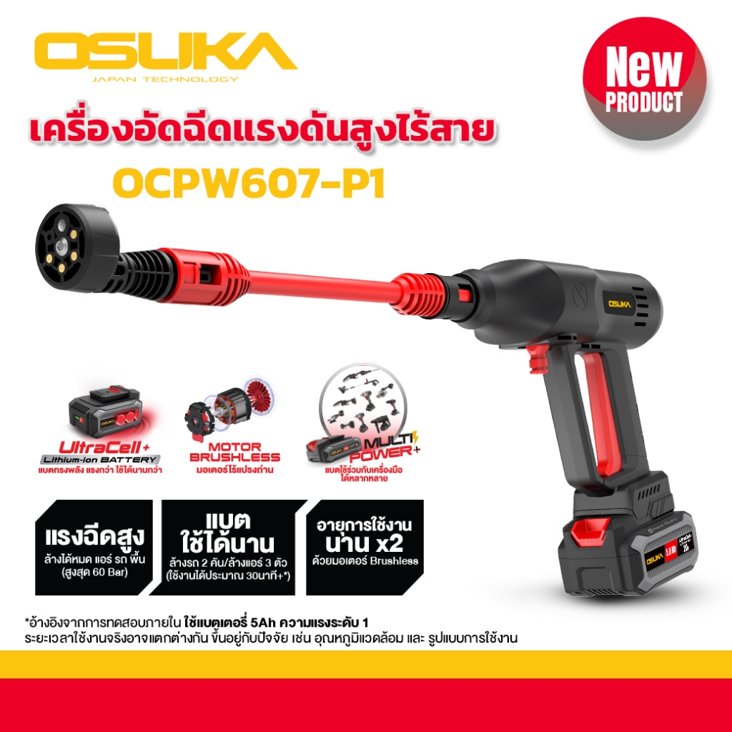 (สินค้าใหม่) เครื่องอัดฉีดแรงดันสูงไร้สาย (OCPW607-P1 ครบชุด) (OCPW607-N เครื่องเปล่า) ประกัน 6 เดือน