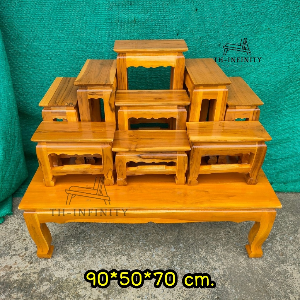 🔥ส่งฟรี🔥 โต๊ะหมู่บูชาไม้สัก หมู่ 9 หน้า 5 90*50*70 ซม. (กว้าง*ลึก*สูง) **รวมฐาน** (ไม้สักแท้) สีย้อม(อิฐ)