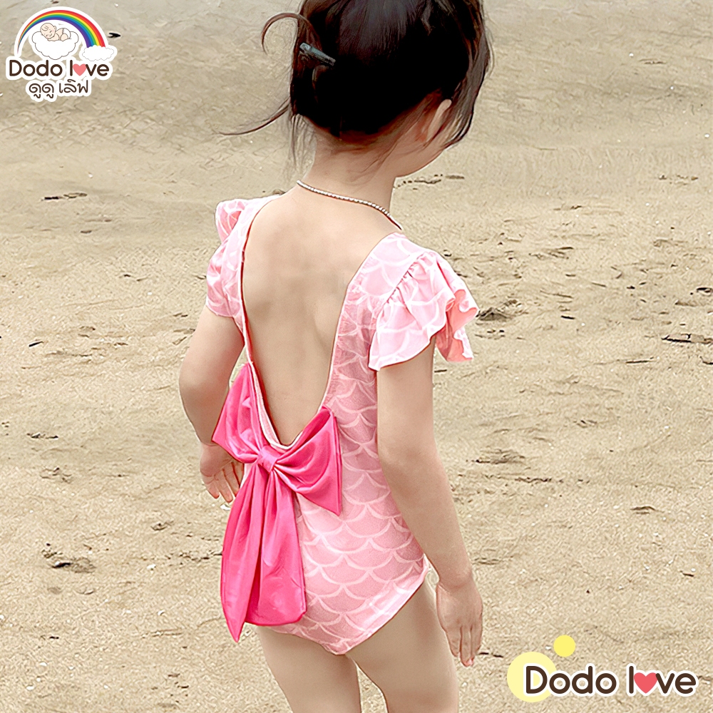 DODOLOVE ชุดว่ายน้ำเด็กผู้หญิงแขนกุด มีโบว์  ชุดว่ายน้ำ ทรงบิกินี่พร้อมหมวก ผ้ายืดหยุ่นใส่สบาย - รูปที่ 6