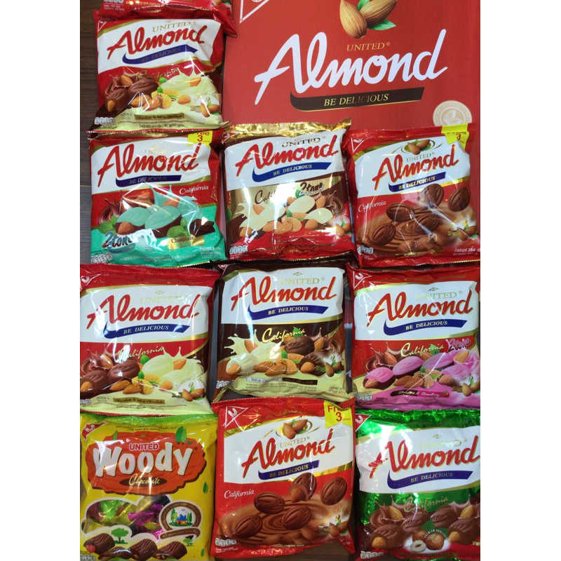 (มี8รส)United Almond ยูไนเต็ดอัลมอนด์เคลือบช็อคโกแลต มีให้เลือก 5 รสชาติ 247.5 กรัม 46 เม็ด
