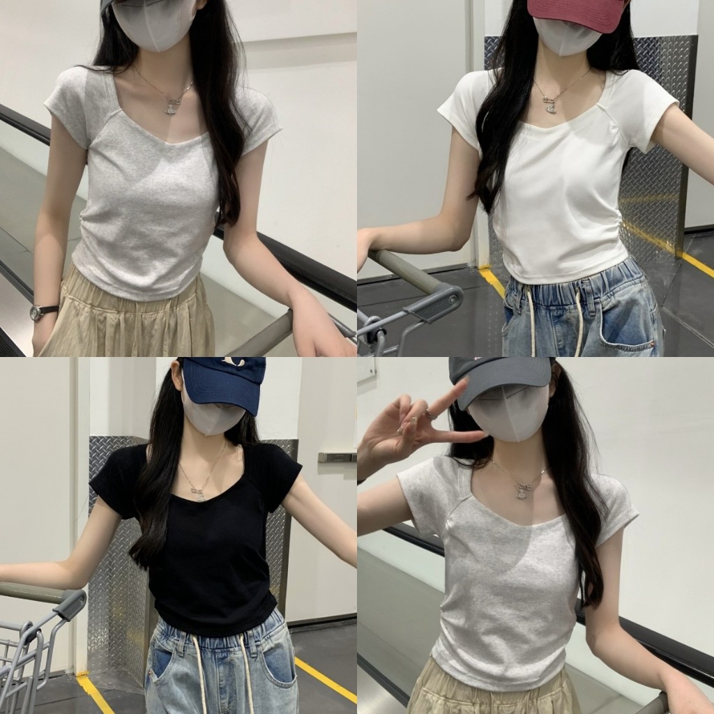 เสื้อยืดผู้หญิง เสื้อยืดคอวี ผ้ายืดดี สีพื้น ใส่ได้ทุกกรณี #22118