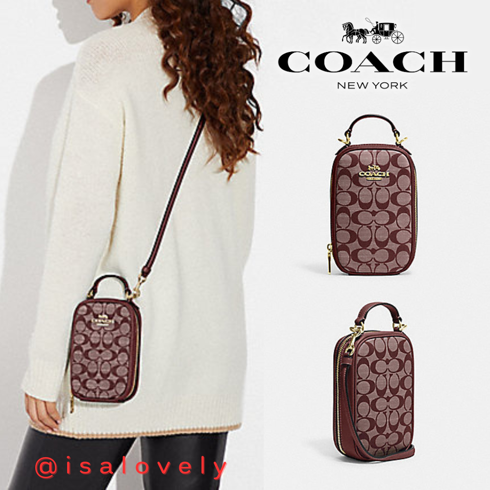 📌Isa Lovely Shop📌  Coach CH152 Eva Phone Crossbody In Signature Chambray GOLD/WINE MULTI