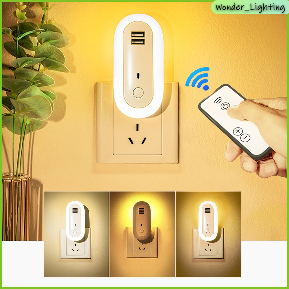 ไฟติดห้องนอนพร้อมรีโมท หรี่แสงได้ LED โคมไฟติดผนัง แบบเสียบปลั๊ก ประหยัดพลังงาน ด้วยซ็อกเก็ต USB